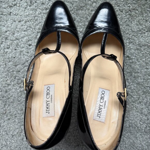 Jimmy Choo T-Strap Stiletto Mary Jane Black Patent Leather Pumps - Picture 5 of 9